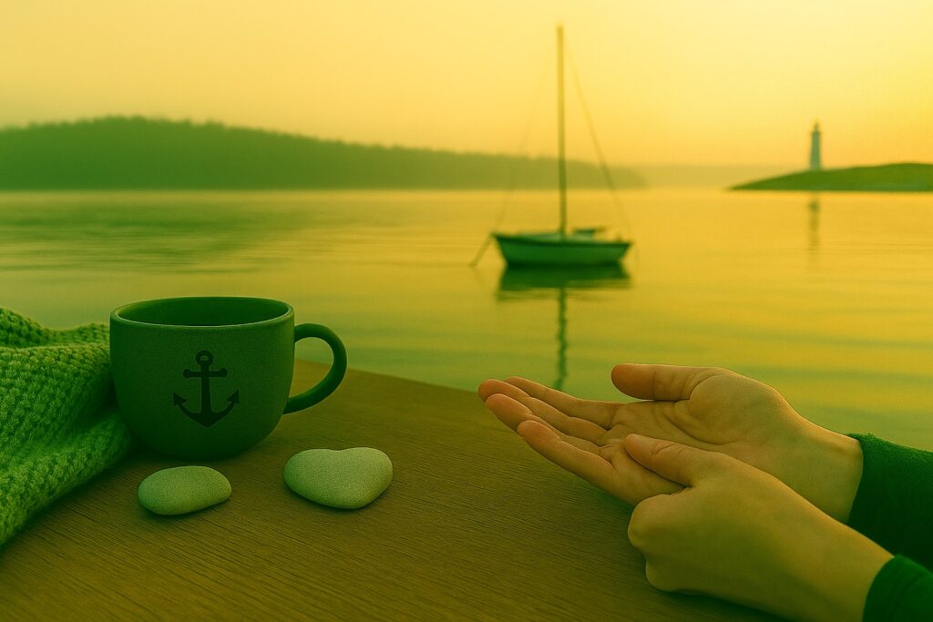 På en træbro ved en stille havn samler en hånd tommel og pegefinger i et let tryk. Ved siden af står en grøn kop med anker‑print og en lys, hjerteformet sten.