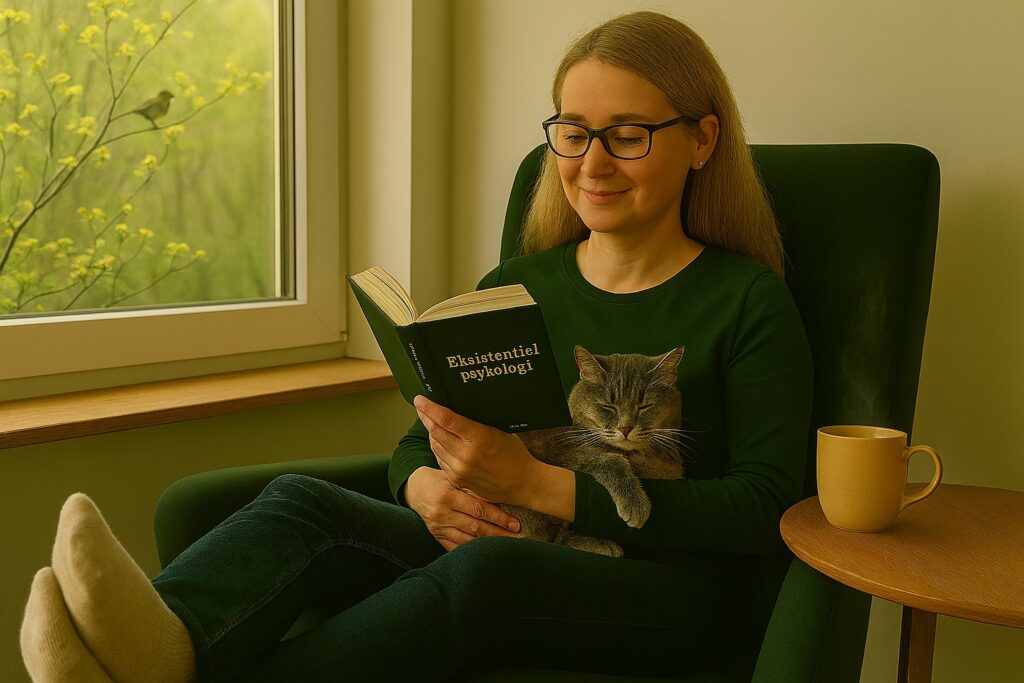 Person sidder i stol og læser “Eksistentiel psykologi”, en kat hviler i skødet, og en kop varm kaffe står på et lille bord; udenfor ses forårsgrene og en fugl.